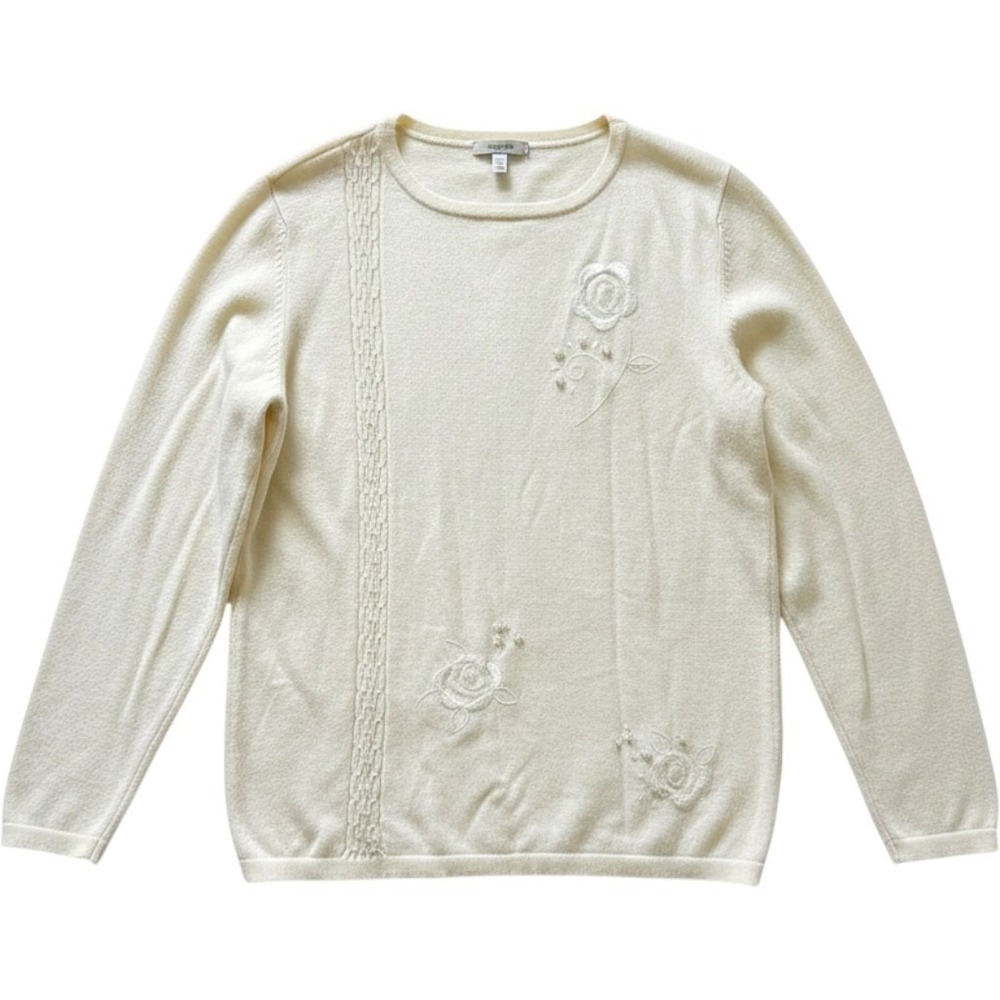 DLG long-sleeve knit pullover sweater Delicate embroidered floral Rosette Sz L